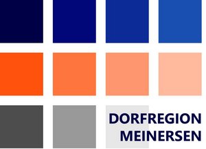 Logo "Dorfregion Meinersen" mit 4 je heller werdenden Quadraten in blau, orange und grau